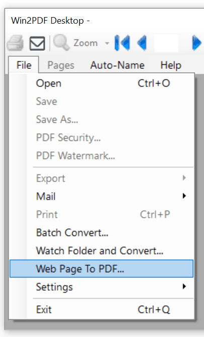 Win2PDF Desktop - Web Page to PDF Menu